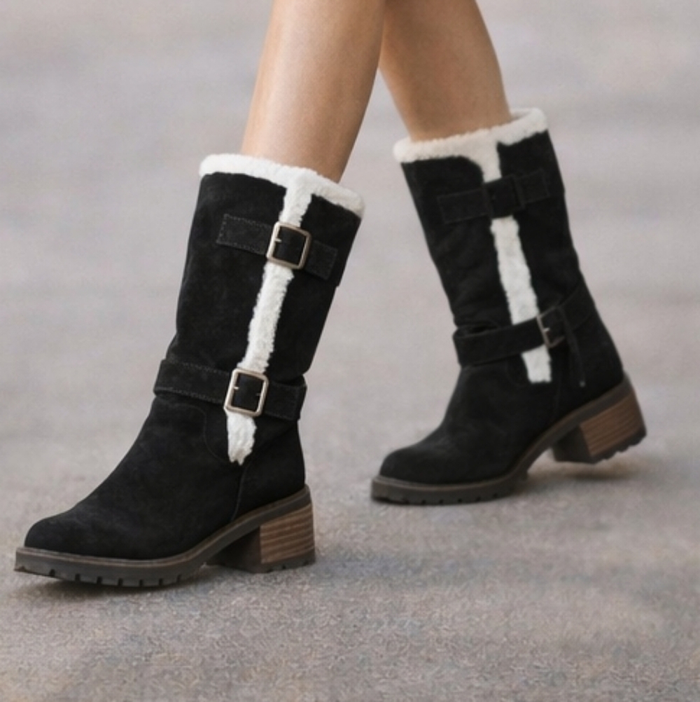 Lucky Brand Jacoba Shearling Trim Tall Mid-Calf Engineer Boots - Picture 1 of 13